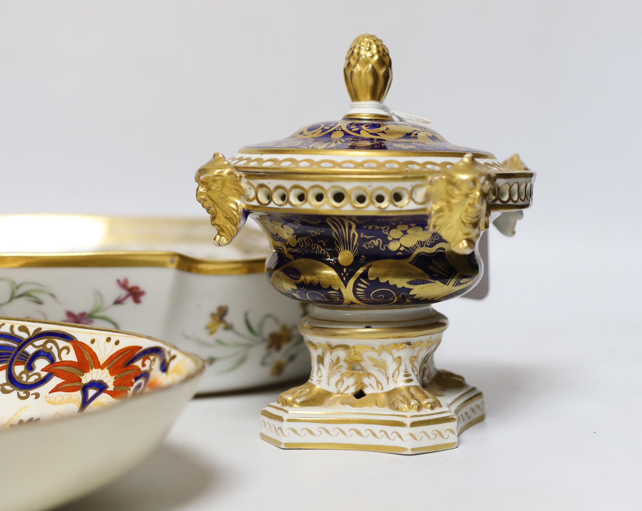 A pair of 19th century Derby pot pourri, a Wedgwood Imari dish, an early 19th century Paris porcelain dish and a Limoges trinket box